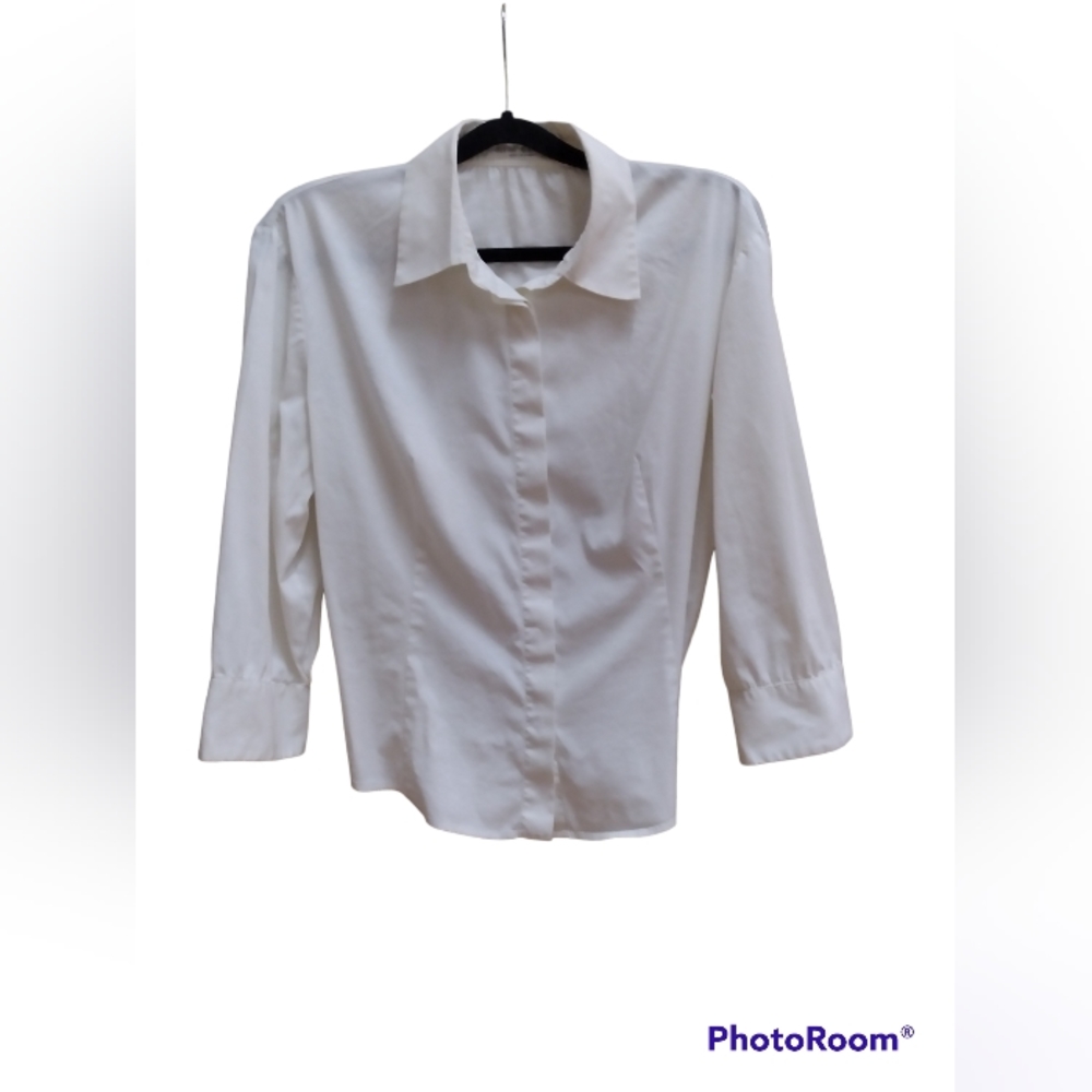 Allan Waller Womens Sz 10 Ivory 3/4' Sleeve Button Down Shirt